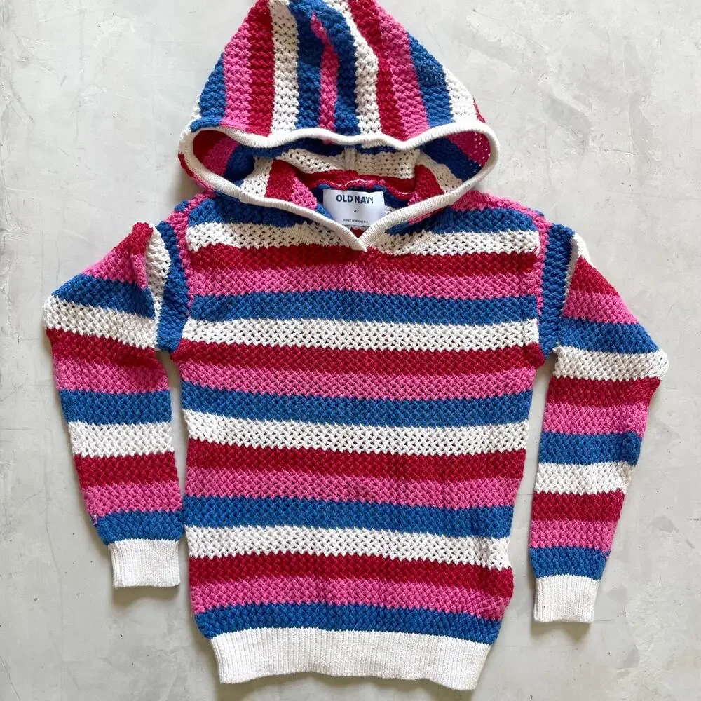 Open Stitch Kids Pullover Coverup 4T Hooded‎ Striped Coastal Beach Colorful